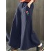 Women Wide Leg Embroidery Ninth Cotton Pants with Pocket