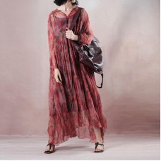 fine light red silk dress v neck long sleeve gown print Cinched drawstring maxi dress