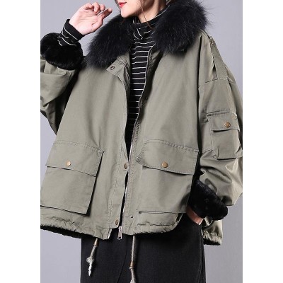 2019 army green casual outfit oversize snow jackets pockets faux fur collar winter coats