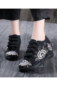 Black Cotton Fabric High Wedge Heels Shoes Embroideried Buckle Strap Flat Shoes For Women