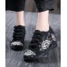 Black Cotton Fabric High Wedge Heels Shoes Embroideried Buckle Strap Flat Shoes For Women