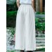 Women Solid Color Lace  Up Vintage Embroidery Wide Leg Pants With Pocket