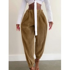 Women Corduroy Loose Solid Color Side Pockets Zipper Buttons Maxi Length Pants