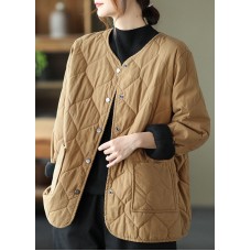 Hot Khaki O-Neck Pockets Button Winter Coats Parkas