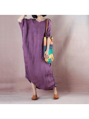 Fine purple long linen dresses oversize o neck asymmetrical design traveling clothing casual long sleeve baggy dresses