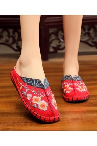 Vintage Red Slide Sandals Embroideried Cotton Fabric Splicing Slides