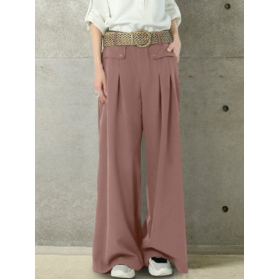 Women Solid Color Button Casual Loose Wide Leg Pants With Pocket