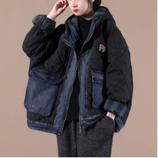 Fine black Parkas for women Loose fitting snow jackets hooded patchwork plaid winter outwear