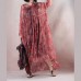 fine light red silk dress v neck long sleeve gown print Cinched drawstring maxi dress